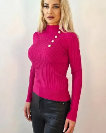 Bluza de dama ELORIA, cu guler inalt si nasturi perlati, Fucsia