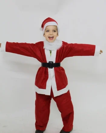 Costum de Mos Craciun pentru copii, cu caciula si curea, Rosu