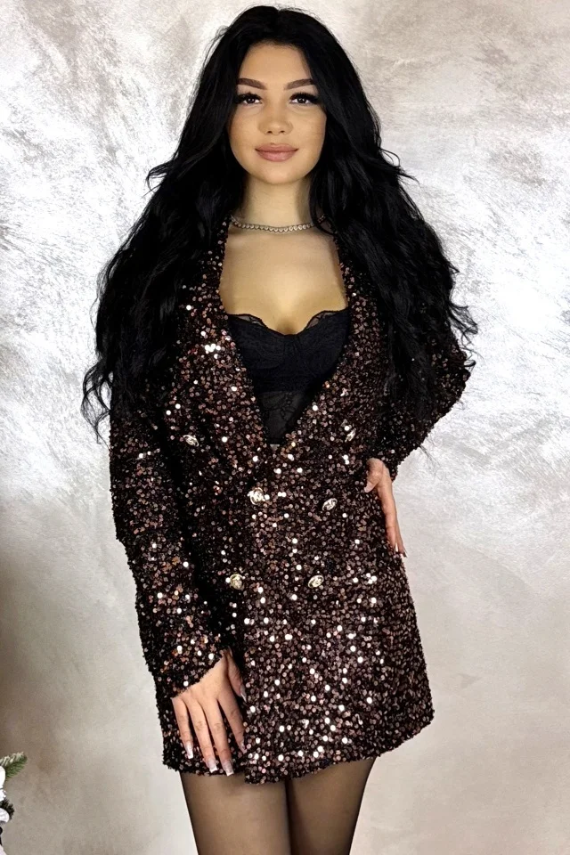 Sacou cambrat tip rochie Yvanna, cu paiete, Maro Ciocolata, Marime S/M