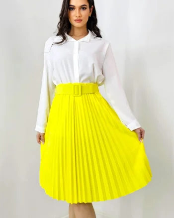 Fusta plisata eleganta Carmen, curea de aceeasi culoare inclusa, Galben, Marime S/M