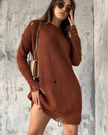 Pulover lung de dama Laura, cu decupaje si perforatii in material, Maro, Marime universala S/M/L