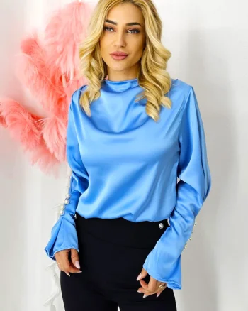 Bluza satinata Tasha, cu maneca lunga evazata si butoni decorativi tip perla, Albastru, Marime S/M