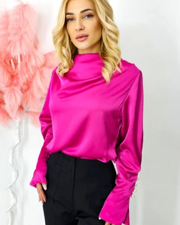 Bluza satinata Tasha, cu maneca lunga evazata si butoni decorativi tip perla, Fucsia, Marime S/M