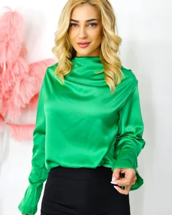 Bluza satinata Tasha, cu maneca lunga evazata si butoni decorativi tip perla, Verde, Marime S/M