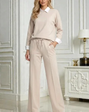 Compleu casual ALYA, cu bluza tip camasa si pantaloni lejeri cu snur, Bej, Marime S/M/L