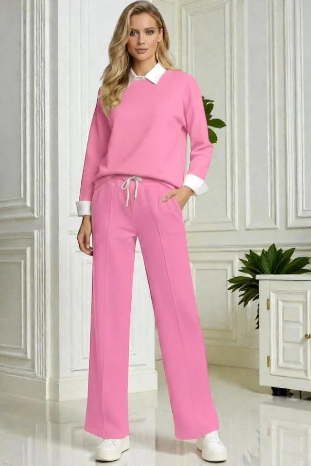 Compleu dama ALYA, cu bluza tip camasa si pantaloni lejeri cu snur, Roz, Marime S/M/L