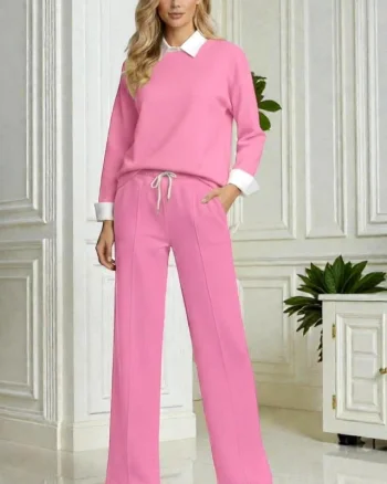 Compleu dama ALYA, cu bluza tip camasa si pantaloni lejeri cu snur, Roz, Marime S/M/L