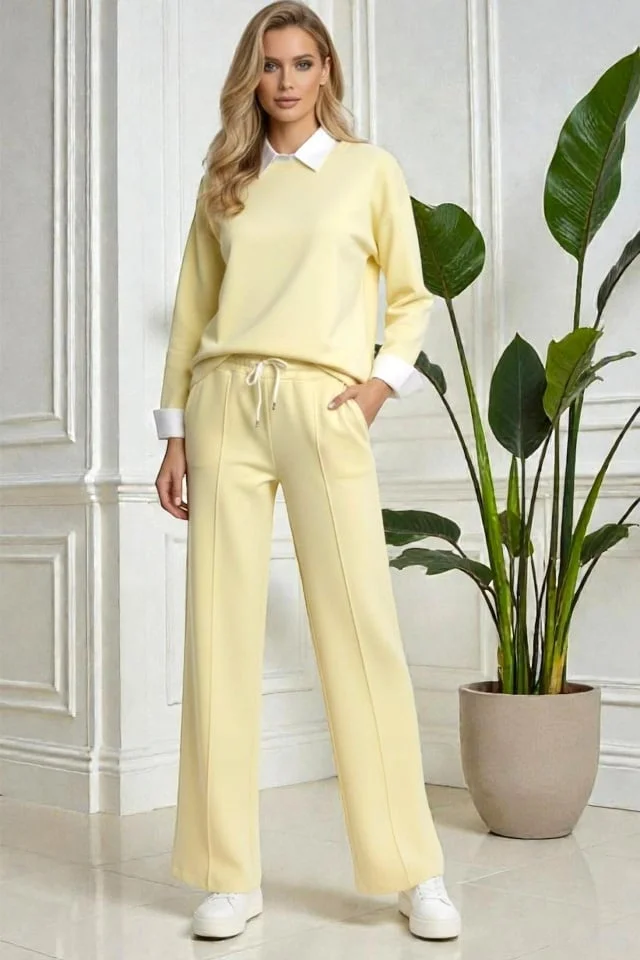 Compleu dama ALYA, cu bluza tip camasa si pantaloni lejeri cu snur, Galben, Marime S/M/L