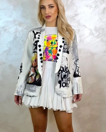 Sacou de zi GRAFFITI, cu imprimeu pop-art, Go To Shop, Alb, Marime S/M