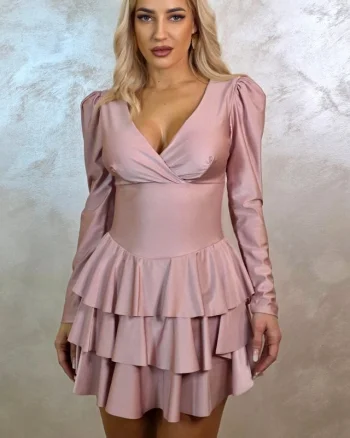 Rochie satinata Claire, cu volane si maneci lungi, bufante, Roze, Marime universala S/M