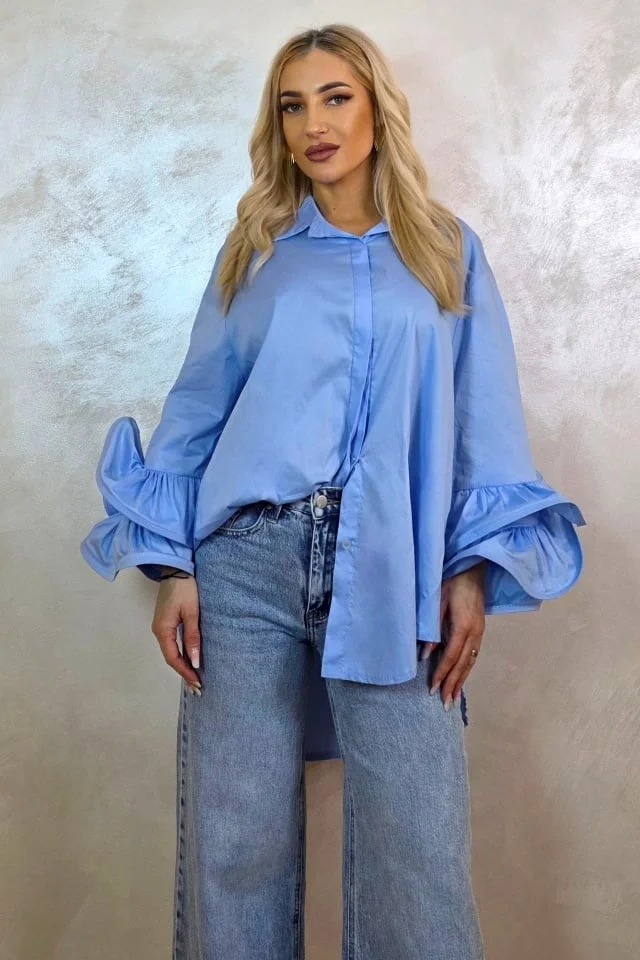 Camasa cu volane Sugar LoLLy si lungime asimetrica, Albastru Baby Blue, Marime S/M/L