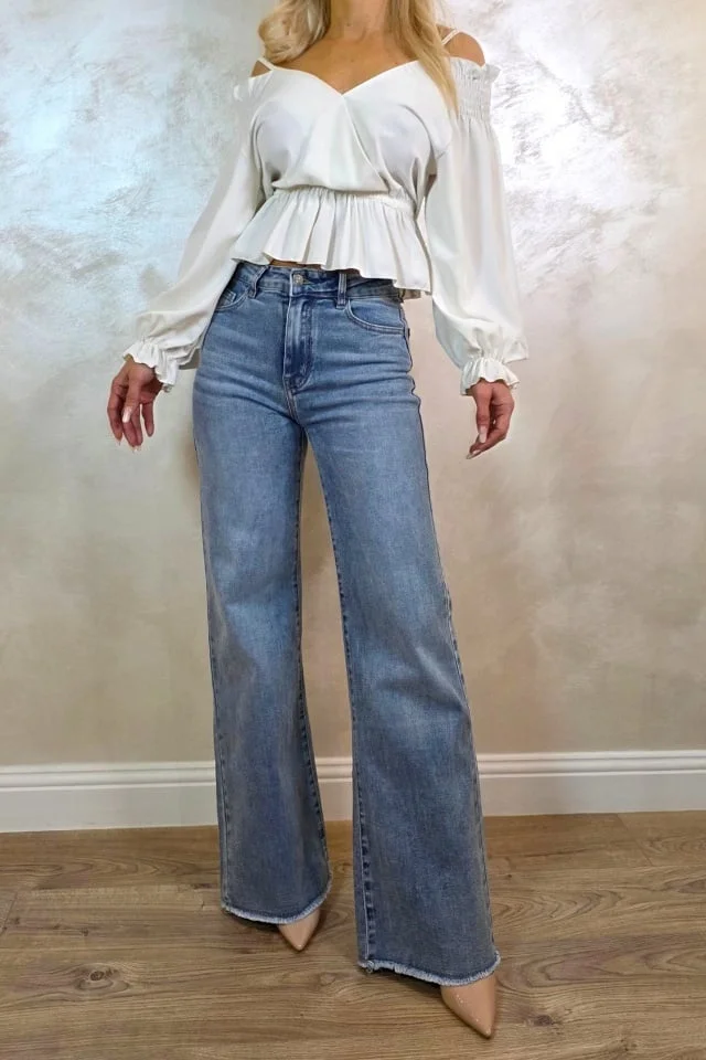 Blugi wide leg evazati Ventura, cu textura elastica, Albastru prespalat