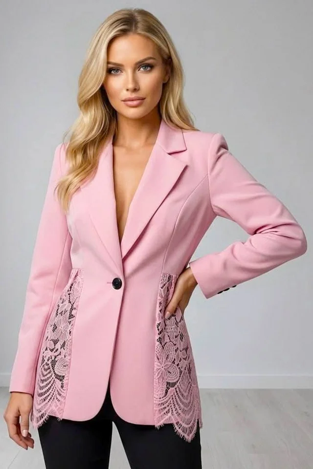 Sacou elegant Roselle, cu panou asimetric din dantela, Roz, Marime S/M