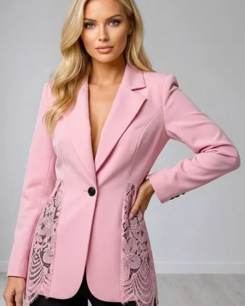 Sacou elegant Roselle, cu panou asimetric din dantela, Roz, Marime S/M