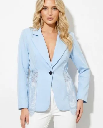 Sacou elegant Roselle, cu panou asimetric din dantela, Blue, Marime S/M