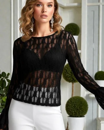 Bluza transparenta din dantela, Velisse, cu mansete evazate, Negru, Marime S/M