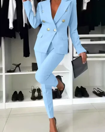 Costum elegant office Paolina, sacou, butoni aurii si pantaloni conici, Blue