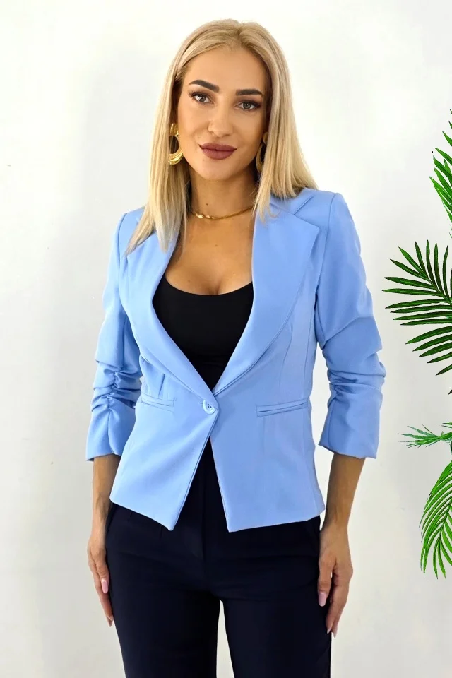 Sacou elegant Gisela, maneca cu fronseu si croi scurt, Baby Blue