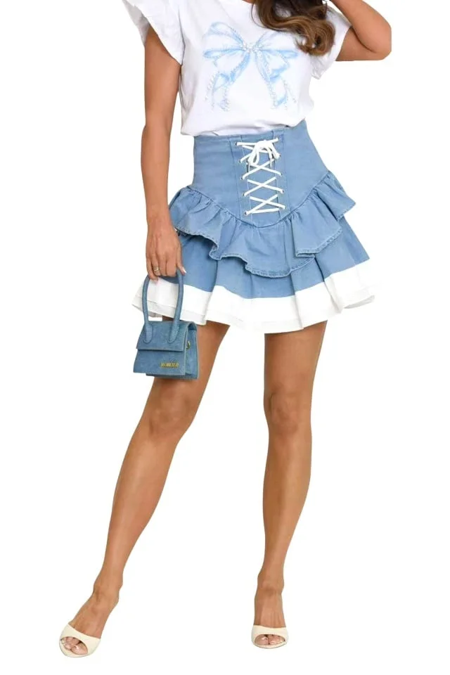 Fusta scurta denim CIELO, cu snururi si volane, Albastru deschis