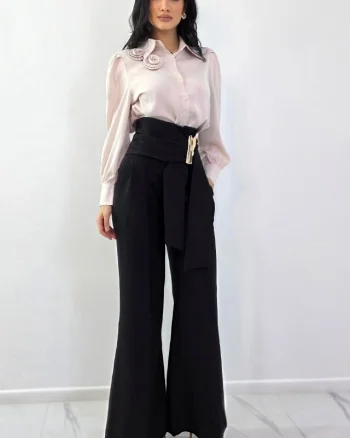 Pantaloni lungi, croi evazat Liora, cu inchidere wrap metalica, Negru