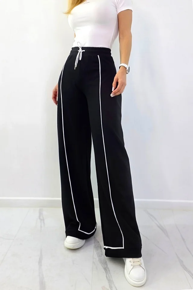 Pantaloni casual MODAL, croiala wide leg cu pensa si dungi, Negru