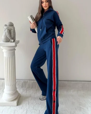 Trening cu fermoar SporDIVA, hanorac cu gluga si pantaloni, Albastru