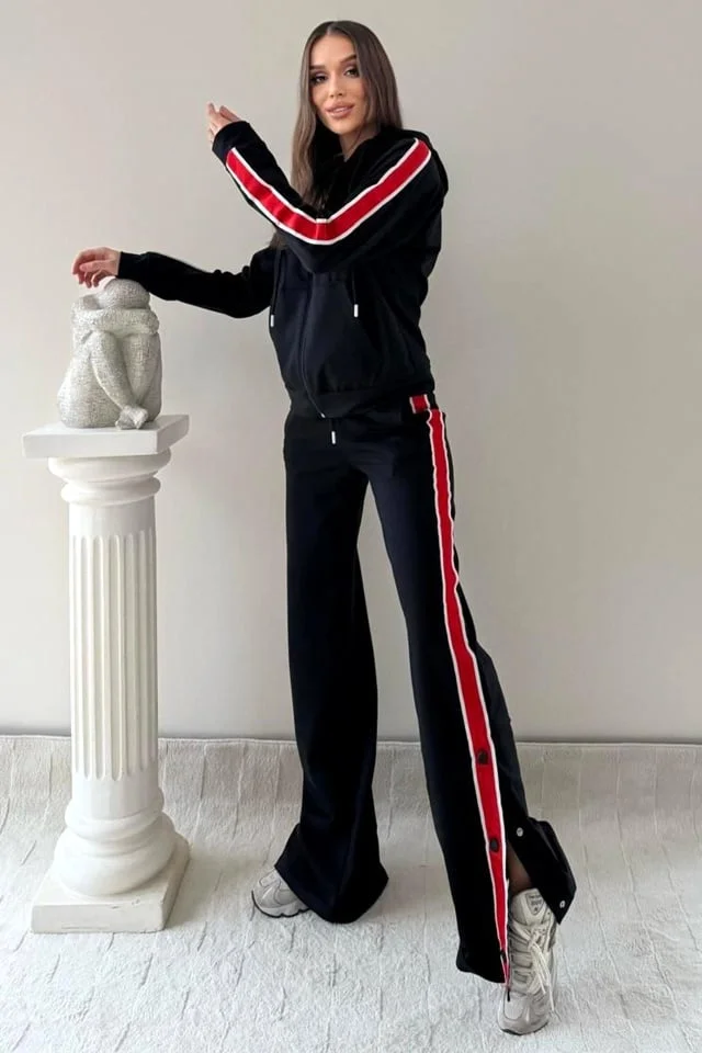 Trening cu fermoar SporDIVA, hanorac cu gluga si pantaloni, Negru