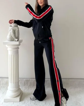 Trening cu fermoar SporDIVA, hanorac cu gluga si pantaloni, Negru