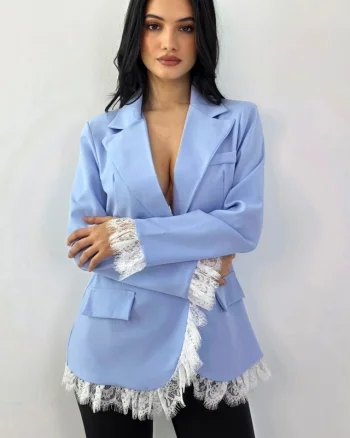Sacou lung, elegant KISHA Pastel, cu garnituri din dantela, Baby Blue, Marime S/M