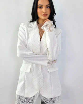 Rochie scurta sacou IMPERYA, garnituri din dantela si cristale, Alb, Marime S/M