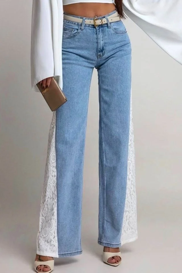 Blugi wide leg Brooklyn, cu textura elastica si dantela, Albastru deschis