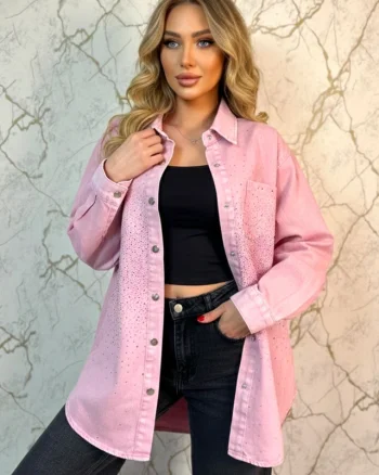 Camasa lunga denim LISBON, cu capse si cristale stralucitoare, Roz