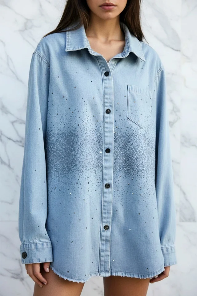 Camasa lunga denim LISBON, cu nasturi si cristale stralucitoare, Albastru zapada