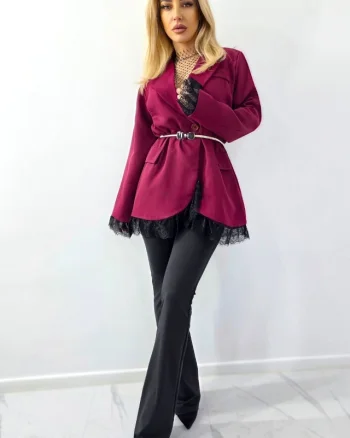 Sacou subtire, lung ELVIA, cu dantela si buzunare decorative, Burgundy, Marime S/M