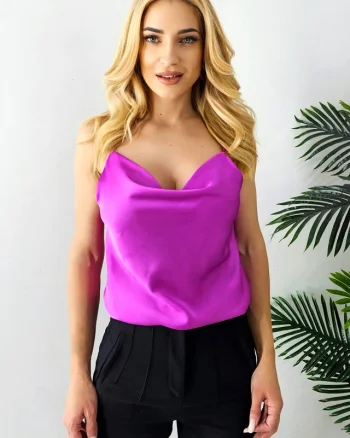 Top din satin Consuelo, cu bretele subtiri si lungime medie, Magenta, Marime S/M