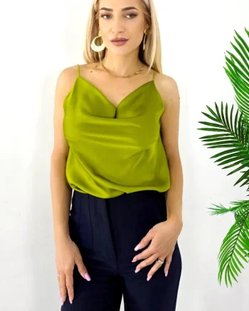 Top din satin Consuelo, cu bretele spaghetti, Verde olive, Marime S/M