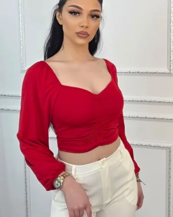 Bluza crop RUBINA, cu efect bufant si decolteu sweetheart, Rosu