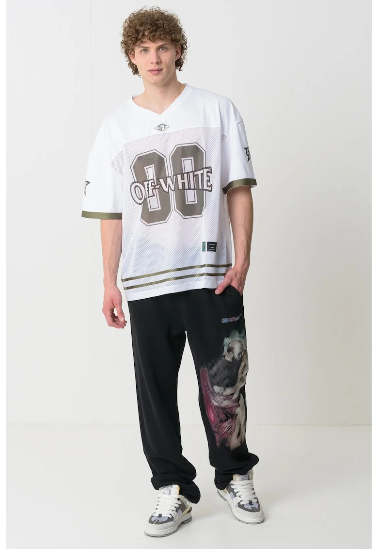 Tricou lejer cu decolteu in V, Alb/Verde