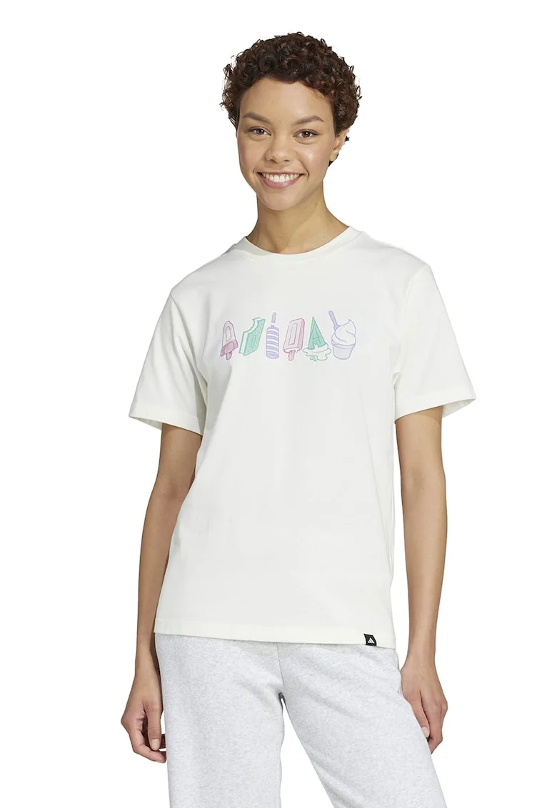 Tricou din bumbac cu decolteu la baza gatului si logo, Verde/Alb murdar