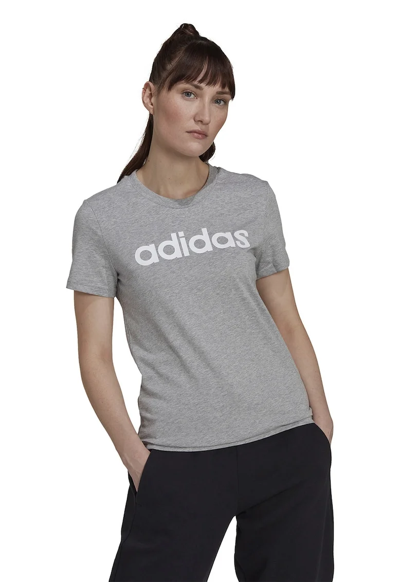 Tricou slim fit cu imprimeu logo Essentials, Gri melange