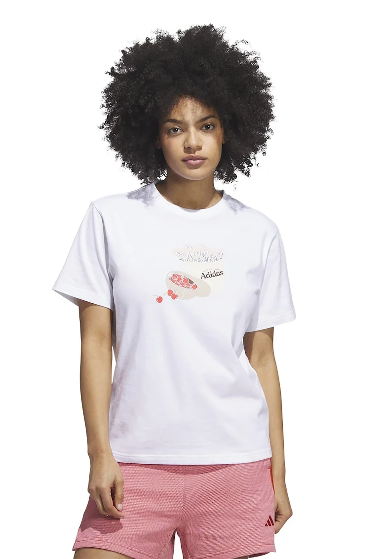 Tricou cu decolteu la baza gatului si imprimeu, Alb/Piersica