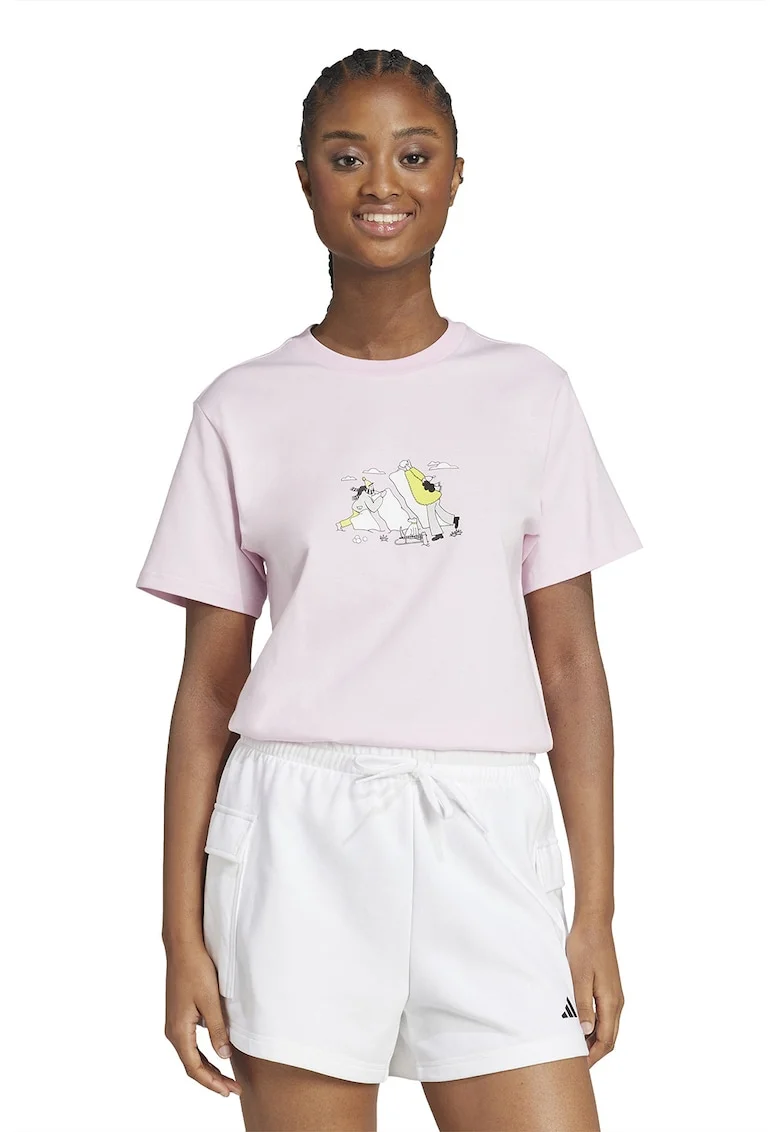 Tricou cu decolteu la baza gatului si imprimeu, Roz pastel