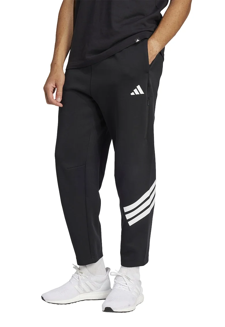 Pantaloni de trening cu croiala conica si logo, Alb/Negru