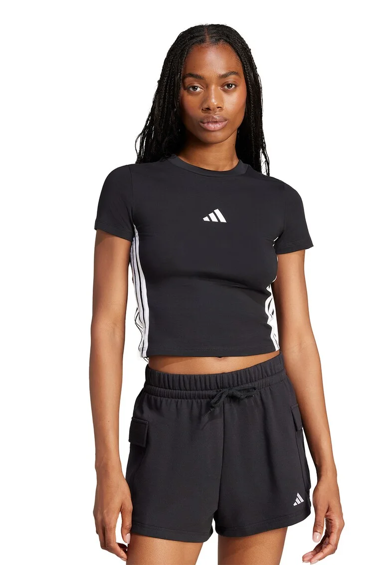 Tricou crop cu croiala slim-fit Essentials, Negru/Alb optic