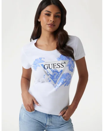 Tricou cu imprimeu floral si logo, Alb/Albastru royal