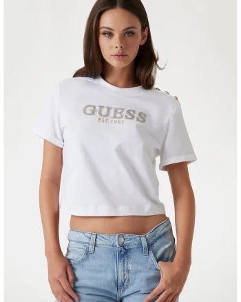 Tricou crop cu logo, Alb/Auriu