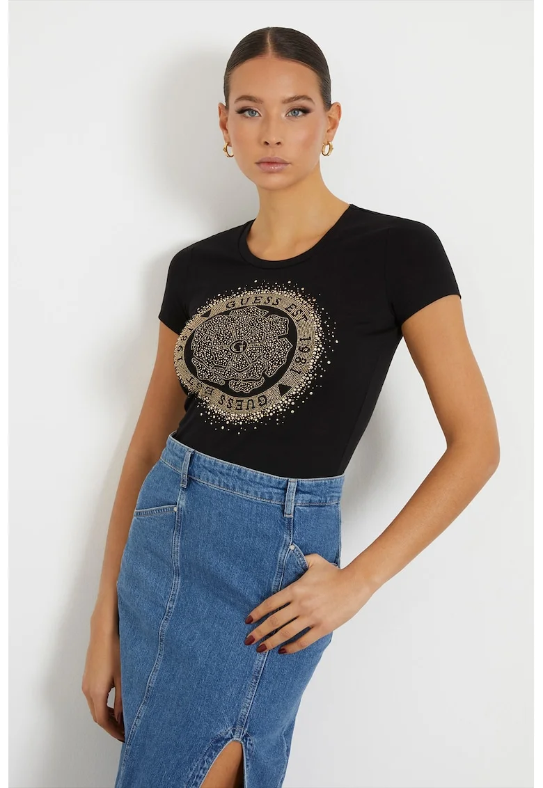 Tricou din amestec de bumbac cu aplicatii cu strasuri, Auriu/Negru