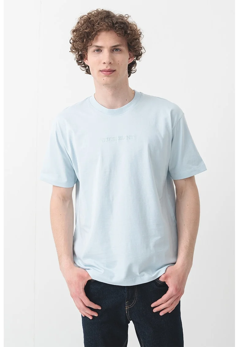 Tricou supradimensionat din bumbac cu broderie logo, Albastru deschis