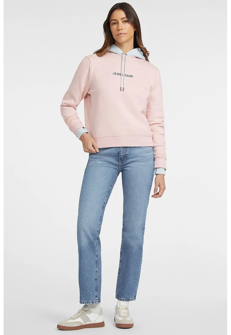 Bluza de trening cu decolteu la baza gatului si logo, Albastru glaciar/Roz pal