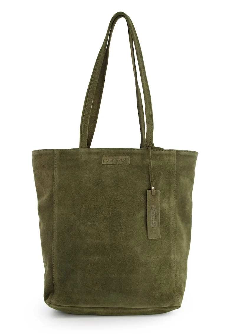 Geanta de umar  din piele intoarsa verde, 37x40x14cm, cu 2 buzunare interioare